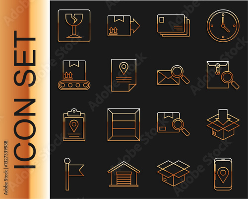 Set line Mobile with app delivery tracking, Cardboard box traffic symbol, Envelope magnifying glass, Document marker system, Conveyor belt cardboard, Fragile broken and icon. Vector