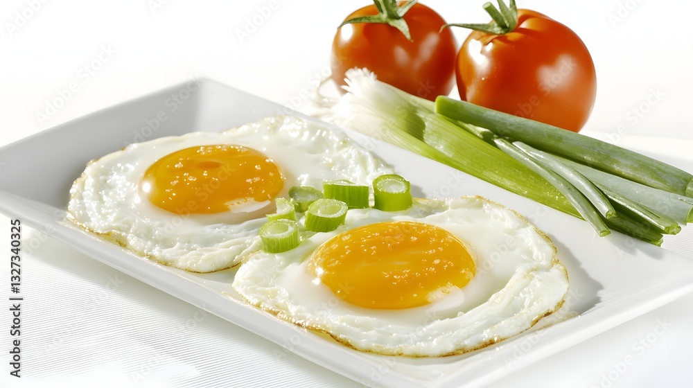 Freshly Cooked Sunny Side Up Eggs Served with Ripe Tomatoes and Chopped Green Onions on Plate Freshly Cooked Sunny Side Up Eggs Served with Ripe Tomatoes and Chopped Green Onions on Plate