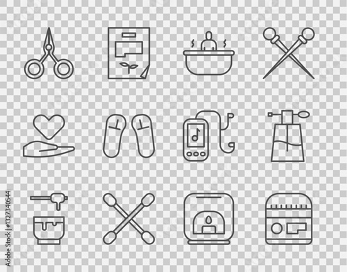 Set line Honey dipper stick and bowl, Cream or lotion cosmetic tube, Bathtub, Cotton swab for ears, Scissors, Slipper, Aroma lamp and Perfume icon. Vector