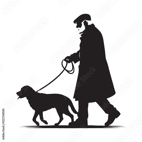 Classic Elder Old Man Walking with a Pet Dog silhouette, a symbol of lifelong care - Old Man illustration - Minimalist Old Man vector - Walking duo
