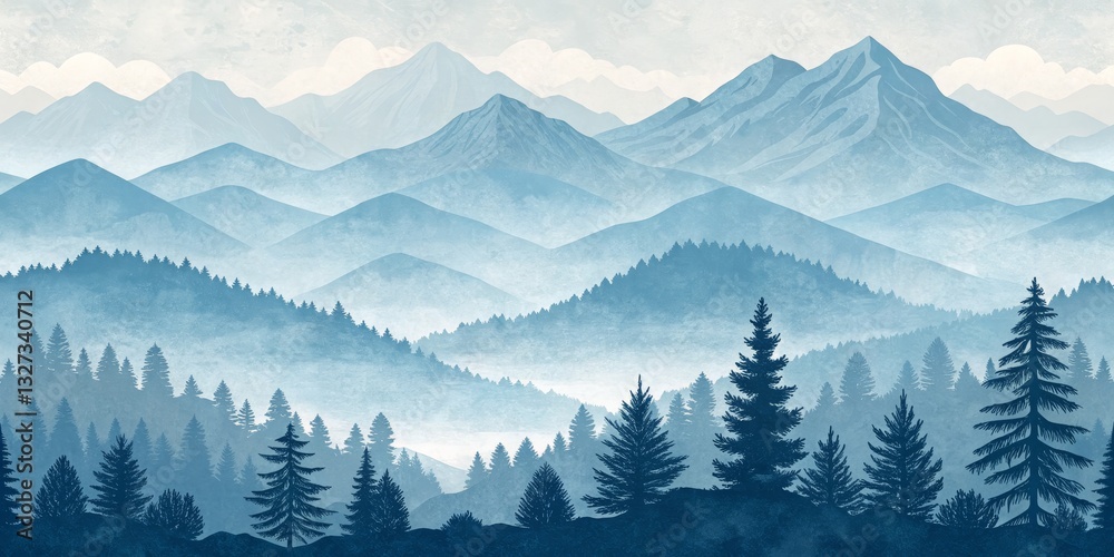 Obraz premium Blue Mountain Range Landscape Art with Pine Trees, Nature , Scenic