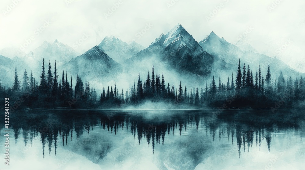 Misty Mountain Lake Reflection, Peaceful Scenery, Suitable for wallpaper Misty Mountain Lake Reflection, Peaceful Scenery, Suitable for wallpaper