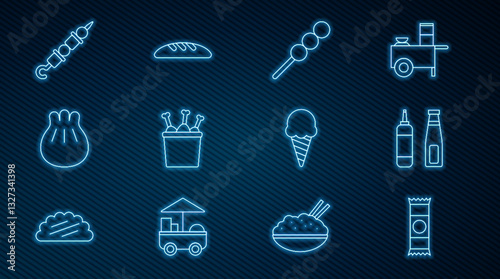 Set line Chocolate bar, Sauce bottle, Meatballs on wooden stick, Chicken leg in package box, Khinkali cutting board, Grilled shish kebab, Ice cream waffle cone and Bread loaf icon. Vector