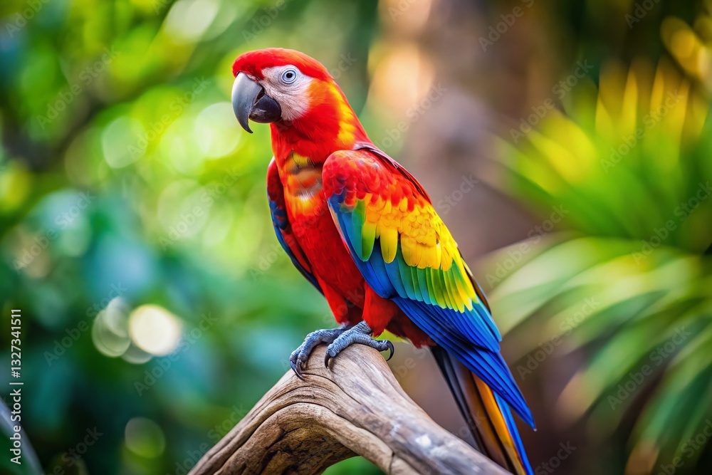 Vibrant Parrot on Branch: Colorful Bird in Natural Habitat Stock Photo Vibrant Parrot on Branch: Colorful Bird in Natural Habitat Stock Photo