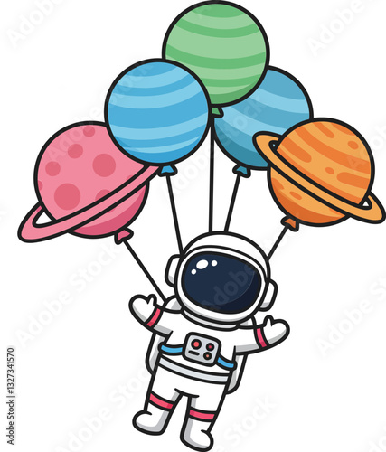 Astronaut floating joyfully while holding colorful planet balloons in a whimsical and playful flat vector art