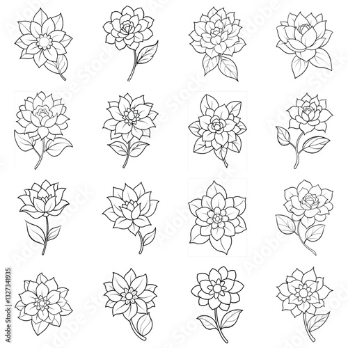 Elegant collection of hand-drawn flower outlines. Botanical line art illustrations for design, coloring books, and decorative elements.