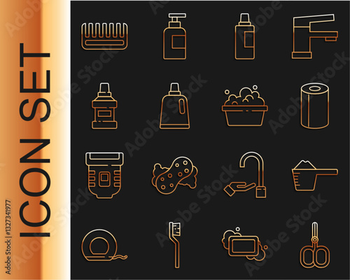 Set line Nail scissors, Washing powder, Paper towel roll, Bottle for cleaning agent, Mouthwash bottle, Hairbrush and Basin with soap suds icon. Vector