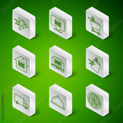 Set line Pizza, Covered with tray of food, Online ordering pizza delivery, burger, and, Fast by car and icon. Vector