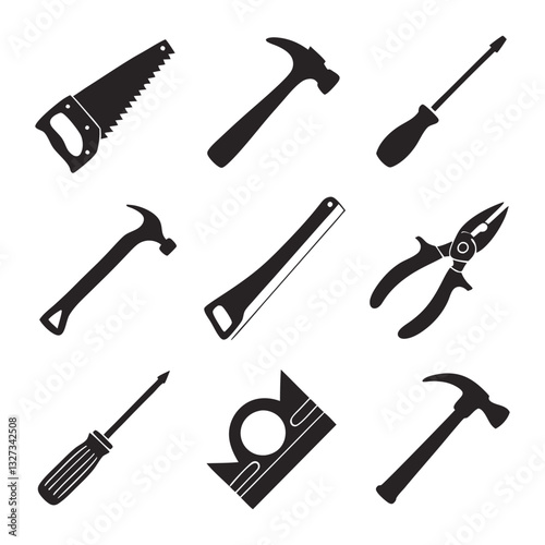 Black Silhouette Tools Collection – Drill, Screwdriver, Wrench, Paint Roller, Saw, Pliers, Hammer Icons