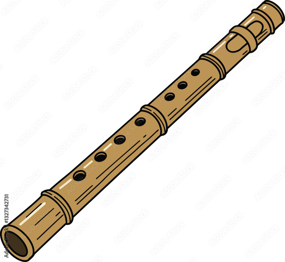 Traditional wooden flute depicted in a detailed flat style showcasing intricate designs and natural colors in vector art