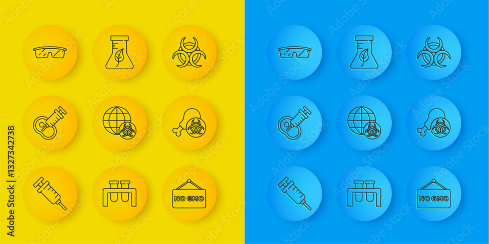 Φωτογραφία Set line Syringe, Genetically modified meat, GMO, No, Gmo research chicken, Laboratory glasses, Biohazard symbol and Test tube and flask icon