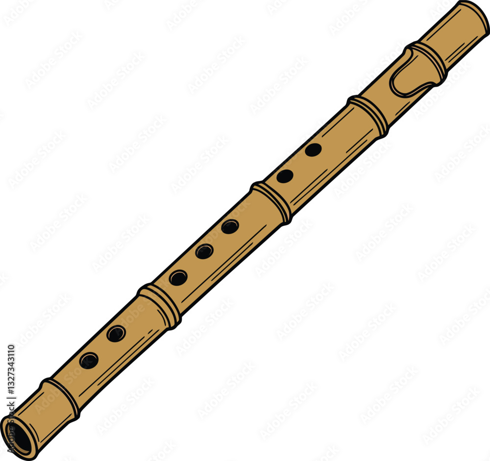 Naklejka premium Traditional wooden flute illustrated in a detailed, flat design showcasing its intricate features and natural tones in vibrant vector art