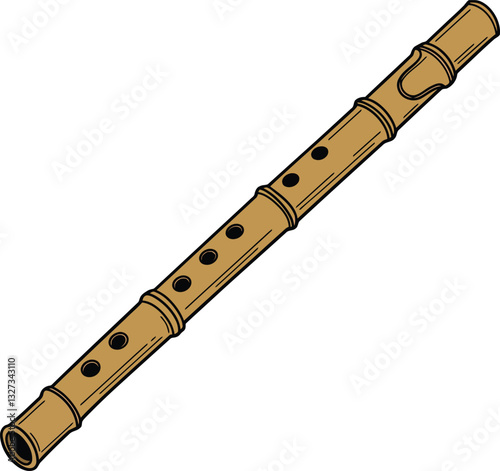 Traditional wooden flute illustrated in a detailed, flat design showcasing its intricate features and natural tones in vibrant vector art