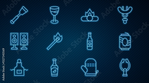 Set line Meat tongs, Soda can, Campfire, Burning match with, Stereo speaker, Spatula, Beer bottle and Wine glass icon. Vector