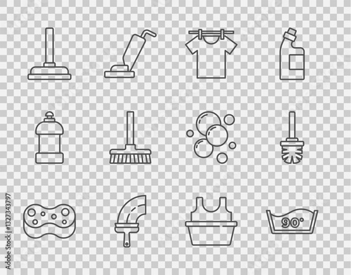 Set line Sponge, Temperature wash, Drying clothes, Rubber cleaner for windows, plunger, Handle broom, Basin with shirt and Toilet brush icon. Vector