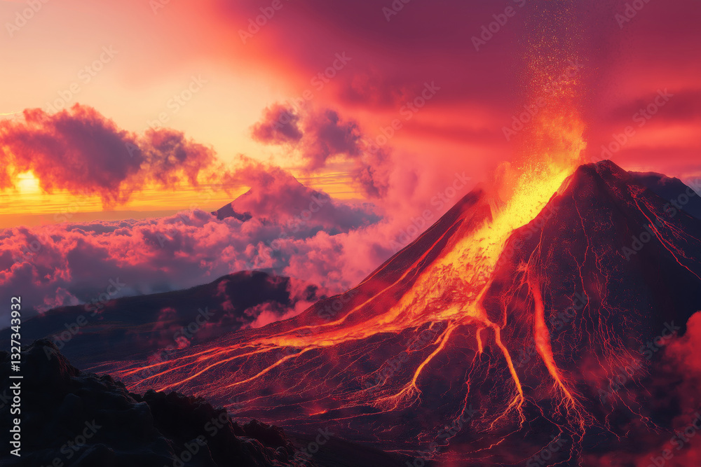 Fototapeta premium Dramatic view of a volcanic eruption at dawn, with ash clouds catching the soft pink and orange hues of the early morning light.
