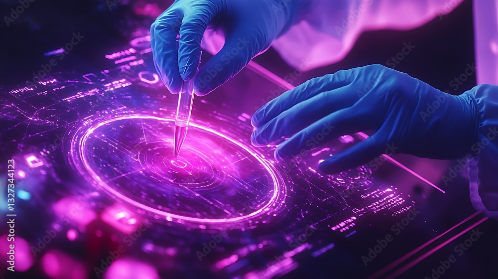 Scientist Interacting with Digital Hologram in Lab, A scientist in a lab coat and gloves interacts with a digital interface displaying a red circular hologram Scientist Interacting with Digital Hologram in Lab, A scientist in a lab coat and gloves interacts with a digital interface displaying a red circular hologram