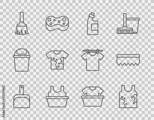 Set line Dustpan, Dirty t-shirt, Bottle for cleaning agent, Basin with, Feather broom, and Sponge icon. Vector