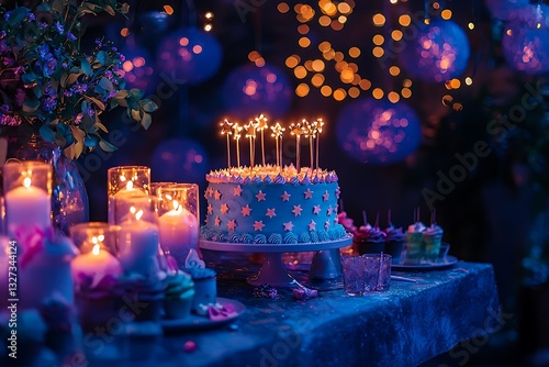 A magical birthday celebration featuring a cake shaped like a starry night sky and glowing lanterns