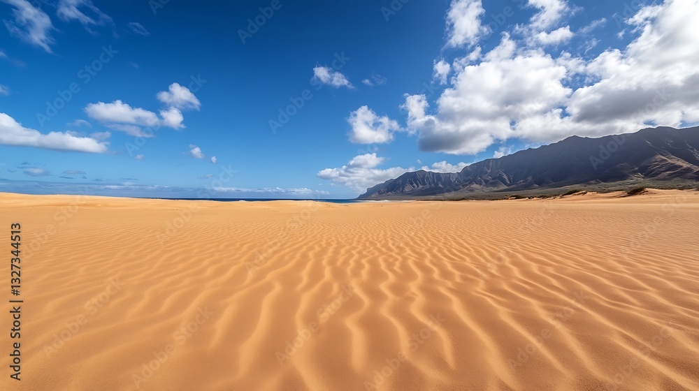 Naklejka premium Expansive desert landscape with unique sand patterns and rolling hills under a bright blue sky : Generative AI