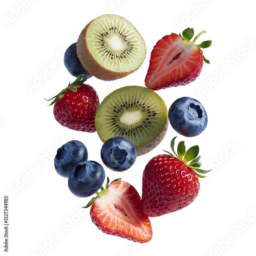 Freshness fruit sliced ​​strawberries, kiwi and blueberries isolated on white background