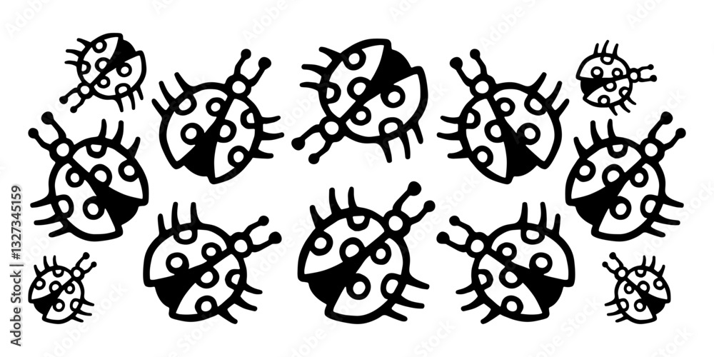 Fototapeta premium Vector horizontal banner of black and white ladybug insects on a white isolated background