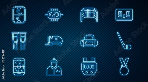 Set line Medal, Ice hockey stick, goal, resurfacer, Crutch or crutches, Air table, Sport bag and Hockey icon. Vector