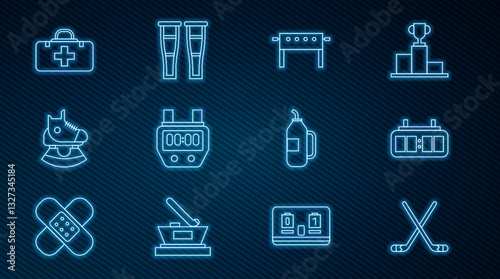Set line Ice hockey sticks, Hockey mechanical scoreboard, table, Stopwatch, Skates, First aid kit, Fitness shaker and Crutch crutches icon. Vector