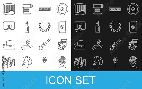 Set line Minotaur labyrinth, Ancient chariot, Greek shield, pattern, Bottle of olive oil, helmet, column and Laurel wreath icon. Vector