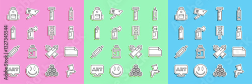 Set line Paint spray gun, Paper adhesive sticker, Marker pen, can, School backpack and Spray nozzle cap icon. Vector