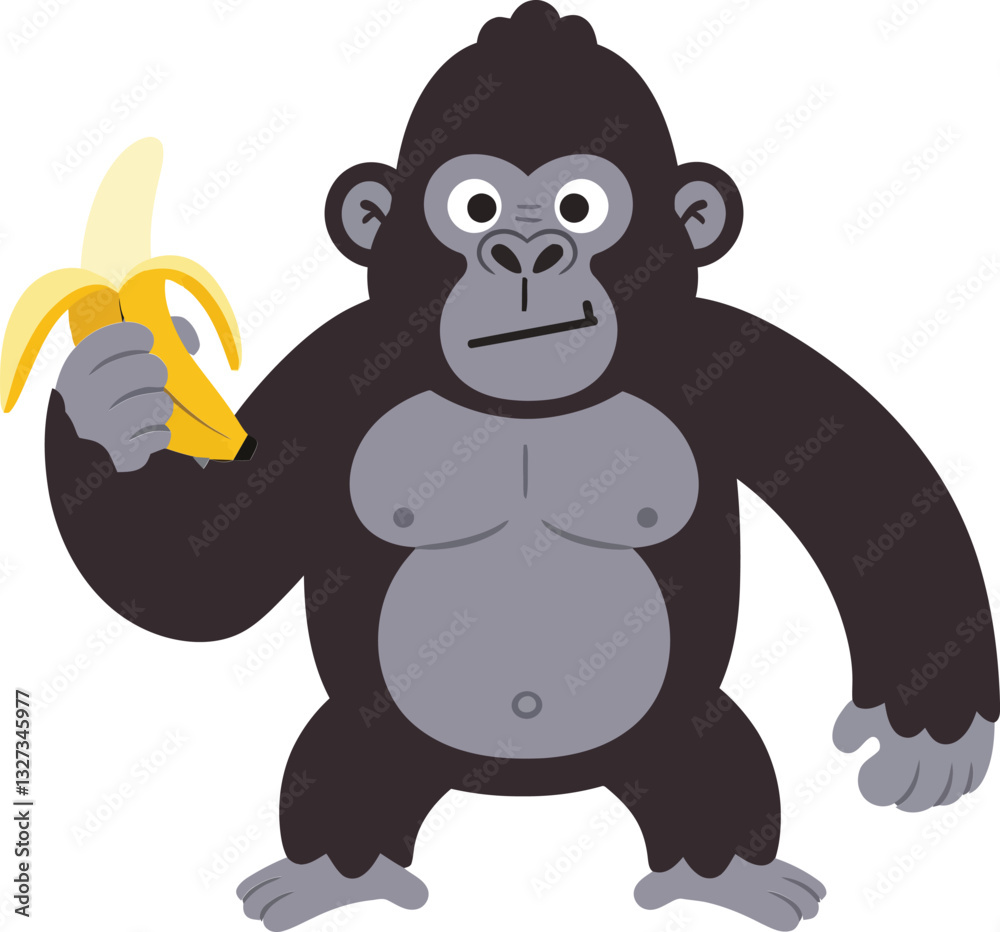 Cheerful gorilla holding a banana in a playful stance, designed in a flat and colorful style, showcasing vector art Cheerful gorilla holding a banana in a playful stance, designed in a flat and colorful style, showcasing vector art