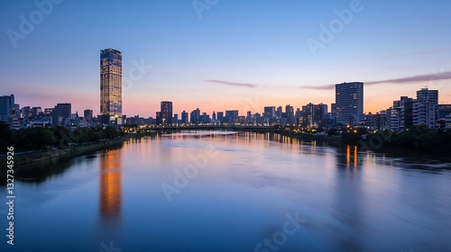 Wallpaper Mural City skyline at dusk with stunning reflections on water and vibrant lights from skyscrapers : Generative AI Torontodigital.ca