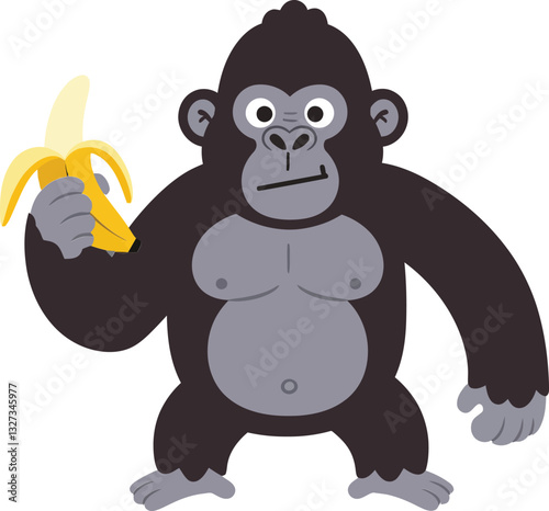 Cheerful gorilla holding a banana in a playful stance, designed in a flat and colorful style, showcasing vector art