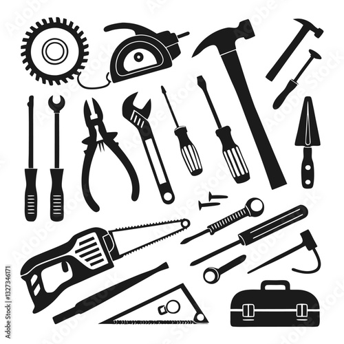 Black Silhouette Tools Collection – Drill, Screwdriver, Wrench, Paint Roller, Saw, Pliers, Hammer Icons