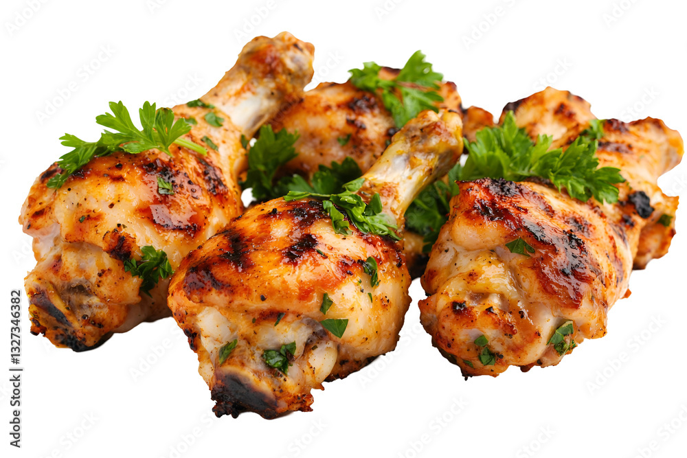 Savory grilled chicken drumsticks with fresh parsley on a white backdrop