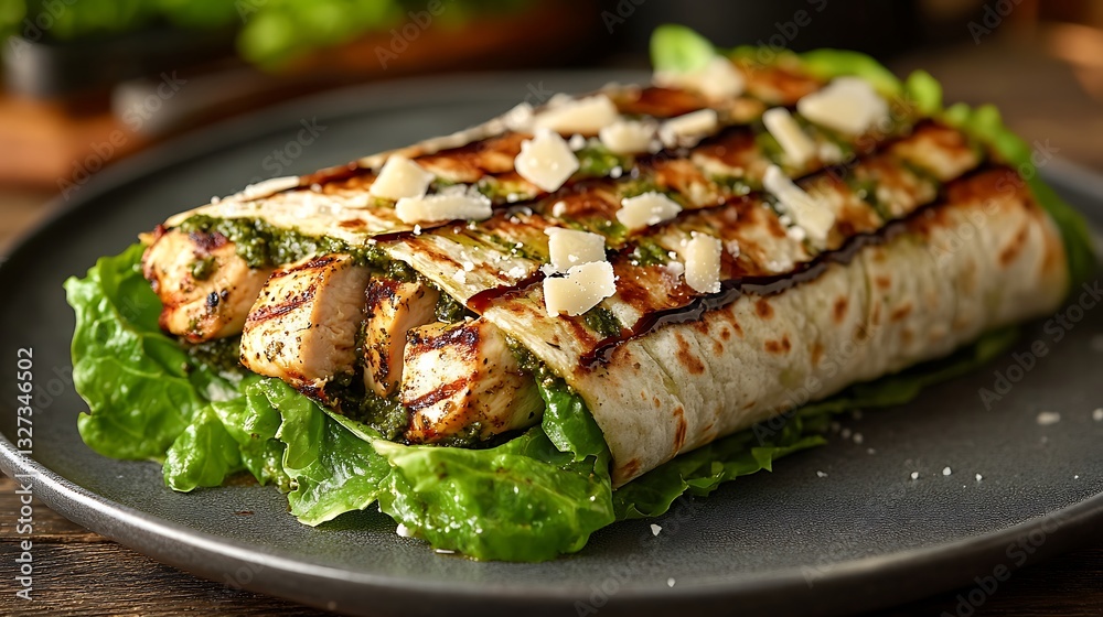 A pesto-infused chicken wrap, carefully folded with grilled chicken, fresh romaine lettuce, Parmesan shavings, and a light balsamic drizzle, A pesto-infused chicken wrap, carefully folded with grilled chicken, fresh romaine lettuce, Parmesan shavings, and a light balsamic drizzle,