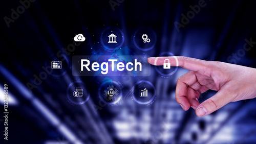 Regtech, Regulatory technology concept, management of regulatory processes with financial industry through technology, Regulatory monitoring, reporting and compliance, Machine learning tech.