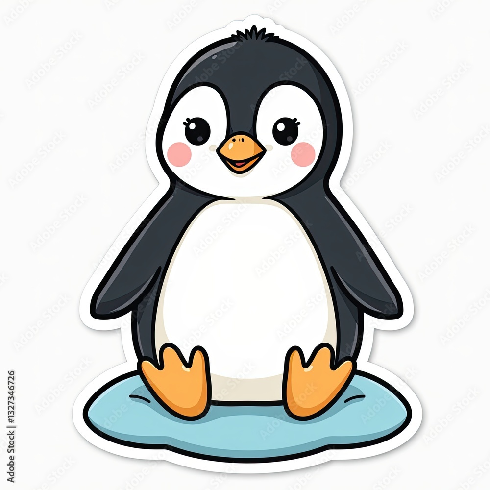 Fototapeta premium Cute Cartoon Penguin Sitting on a Round Blue Base for Kids' Designs