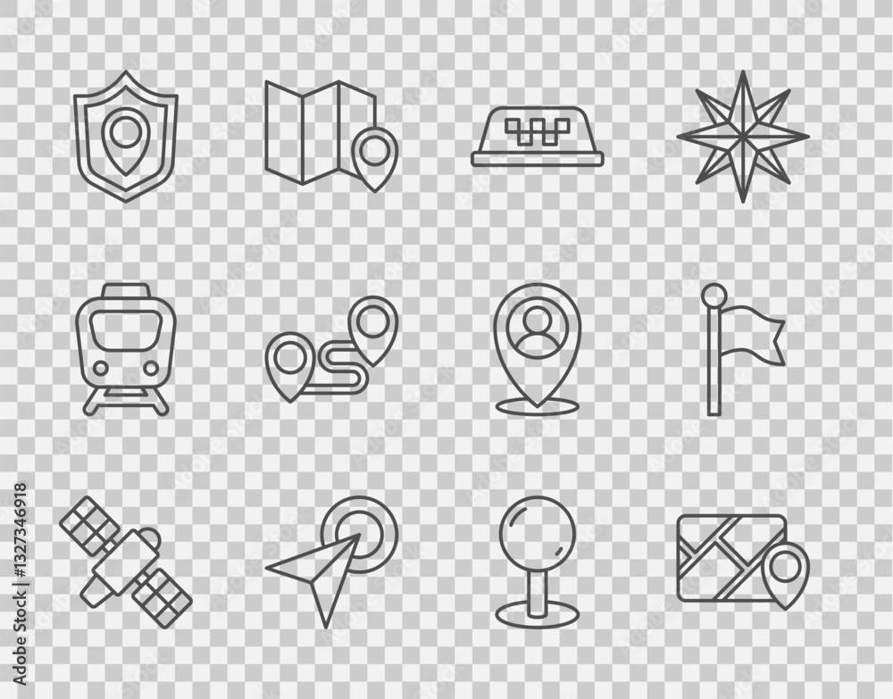 Set line Satellite, Infographic of city map navigation, Taxi car roof, Location shield, Route location, Push pin and marker icon. Vector Set line Satellite, Infographic of city map navigation, Taxi car roof, Location shield, Route location, Push pin and marker icon. Vector