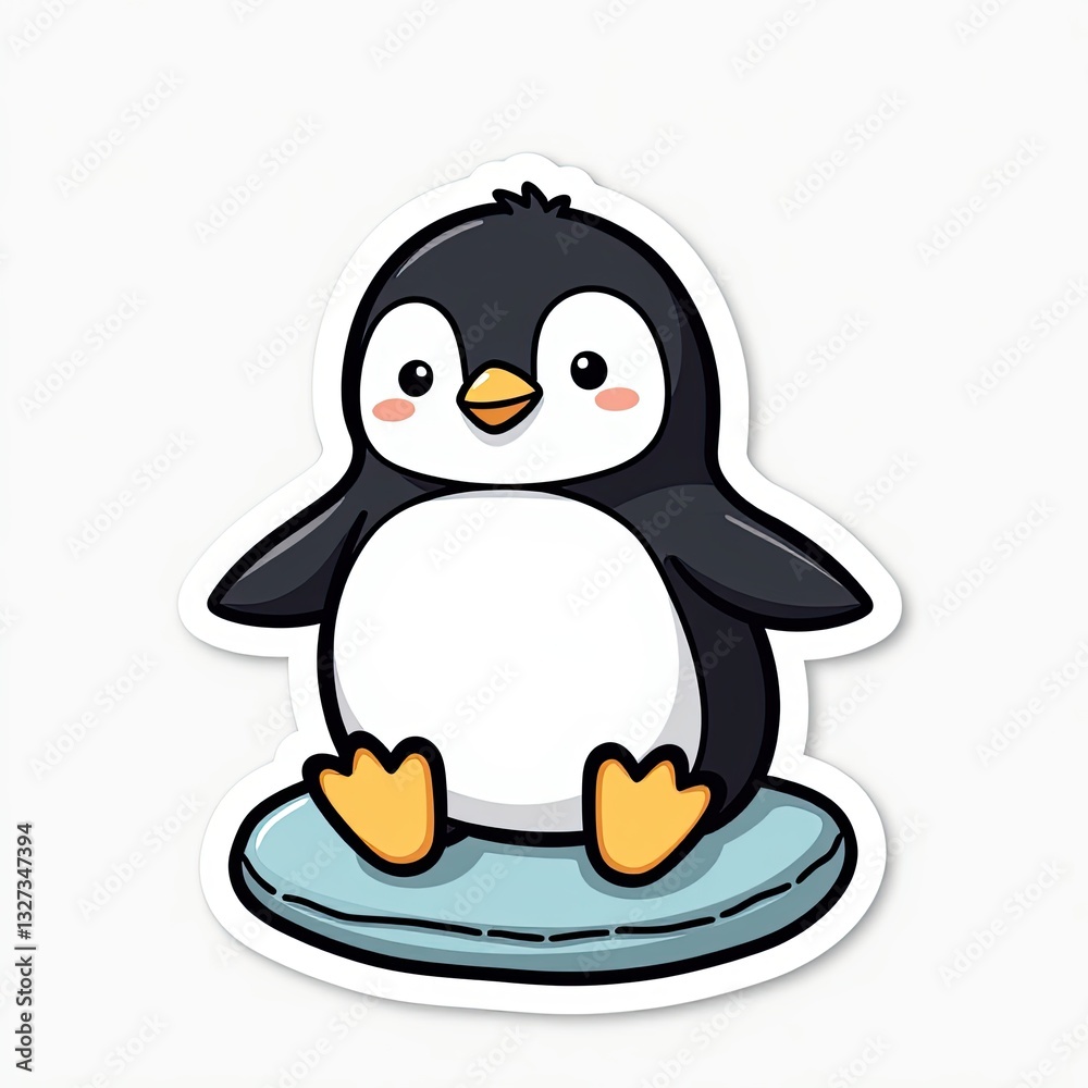 Obraz premium Cute Cartoon Penguin Sitting on a Round Blue Base for Kids' Designs