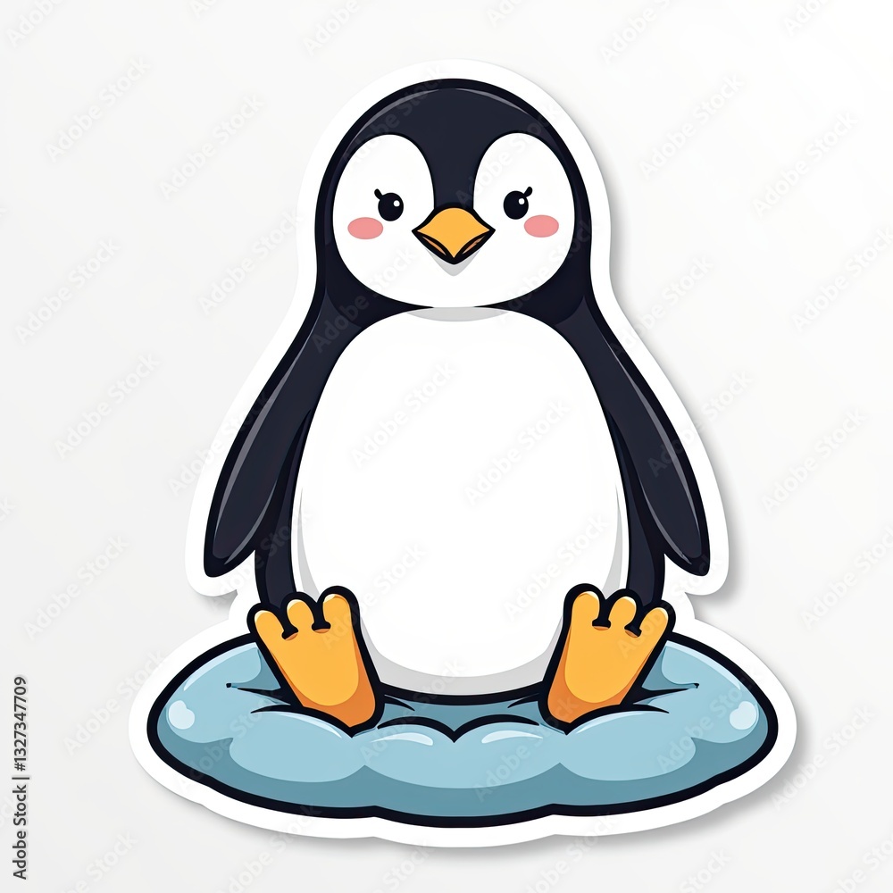 Fototapeta premium Cute Cartoon Penguin Sitting on a Round Blue Base for Kids' Designs