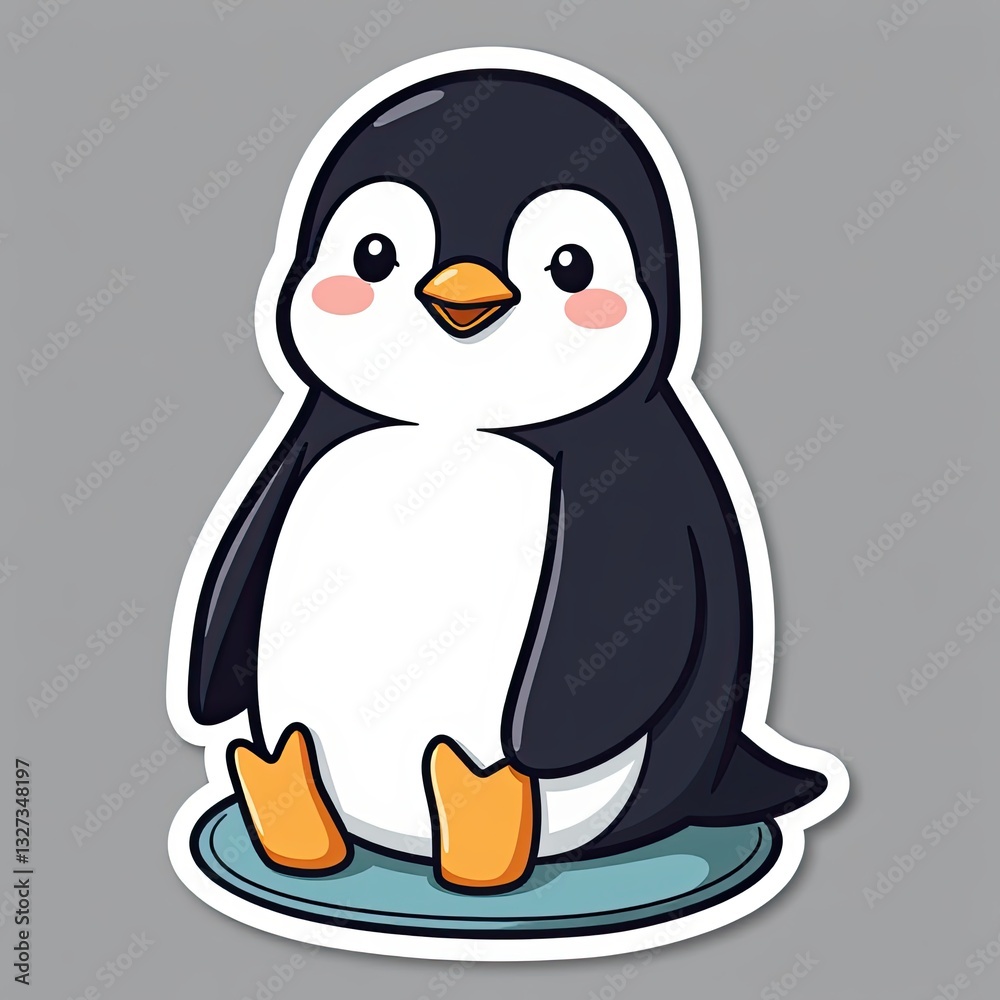 Obraz premium Cute Cartoon Penguin Sitting on a Round Blue Base for Kids' Designs