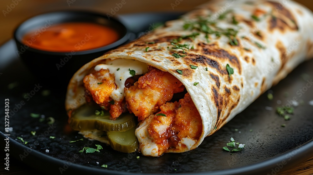 A toasted crispy chicken wrap, featuring spicy fried chicken, melted mozzarella cheese, and tangy pickles, arranged on a sleek black plate with a side of hot sauce, bold color contrast, A toasted crispy chicken wrap, featuring spicy fried chicken, melted mozzarella cheese, and tangy pickles, arranged on a sleek black plate with a side of hot sauce, bold color contrast,