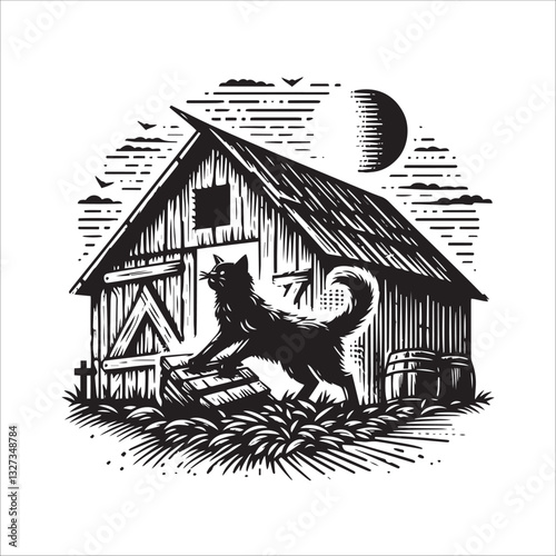 Simple Barn Cat Playing Vector Icon – Vintage Logo & Retro Illustration