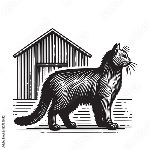 Simple Barn Cat in the Yard Vector Icon – Vintage Logo & Retro Illustration