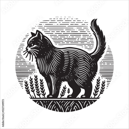 Simple Barn Cat in the Yard Vector Icon – Vintage Logo & Retro Illustration