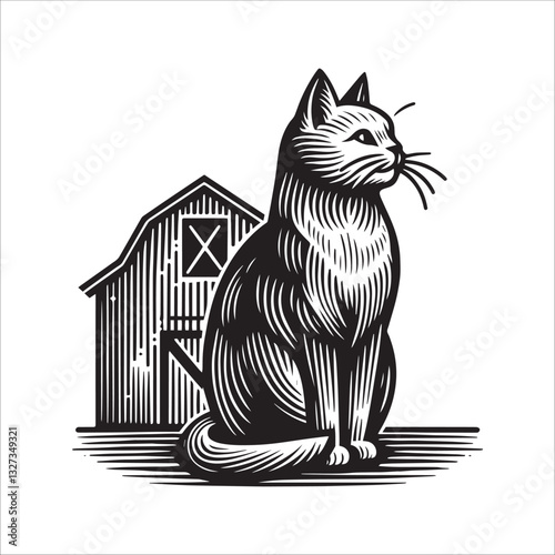 Simple Barn Cat in the Yard Vector Icon – Vintage Logo & Retro Illustration