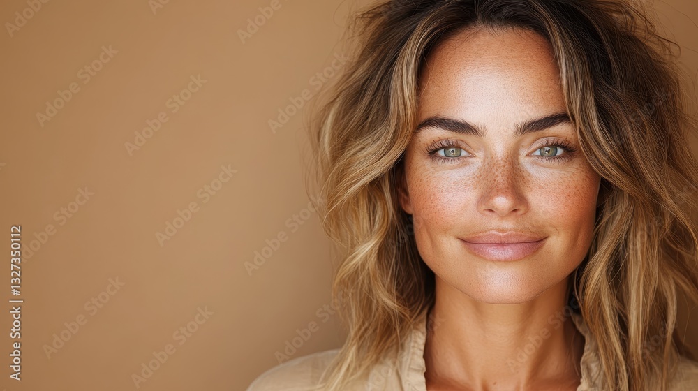 A warm and cheerful portrait of a smiling woman with freckles, radiating joy and authenticity, inviting connection against a subtle and comforting backdrop. A warm and cheerful portrait of a smiling woman with freckles, radiating joy and authenticity, inviting connection against a subtle and comforting backdrop.
