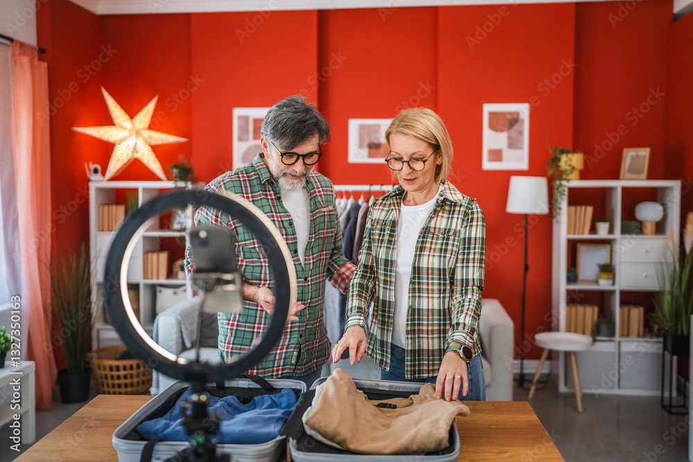 Obraz premium aged couple man and woman stand and show wardrobe for sale in front of a camera setup, exuding confidence and joy