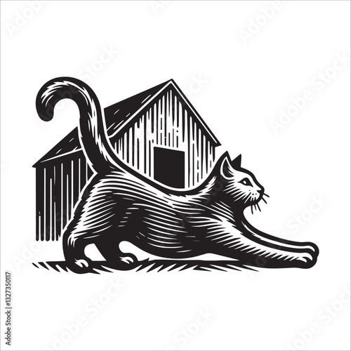 Simple Barn Cat Stretching Vector Icon – Vintage Logo & Retro Illustration